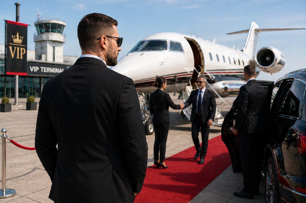 Équipe de protection rapprochée SN Sécurité Mauritanie escortant une personnalité au terminal VIP